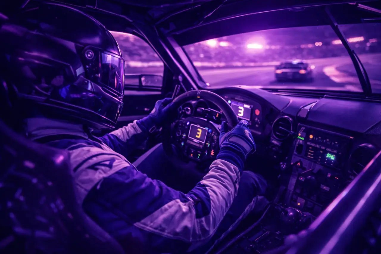 Piloto de corrida no cockpit segurando celular com a transmissão da própria corrida luz roxa