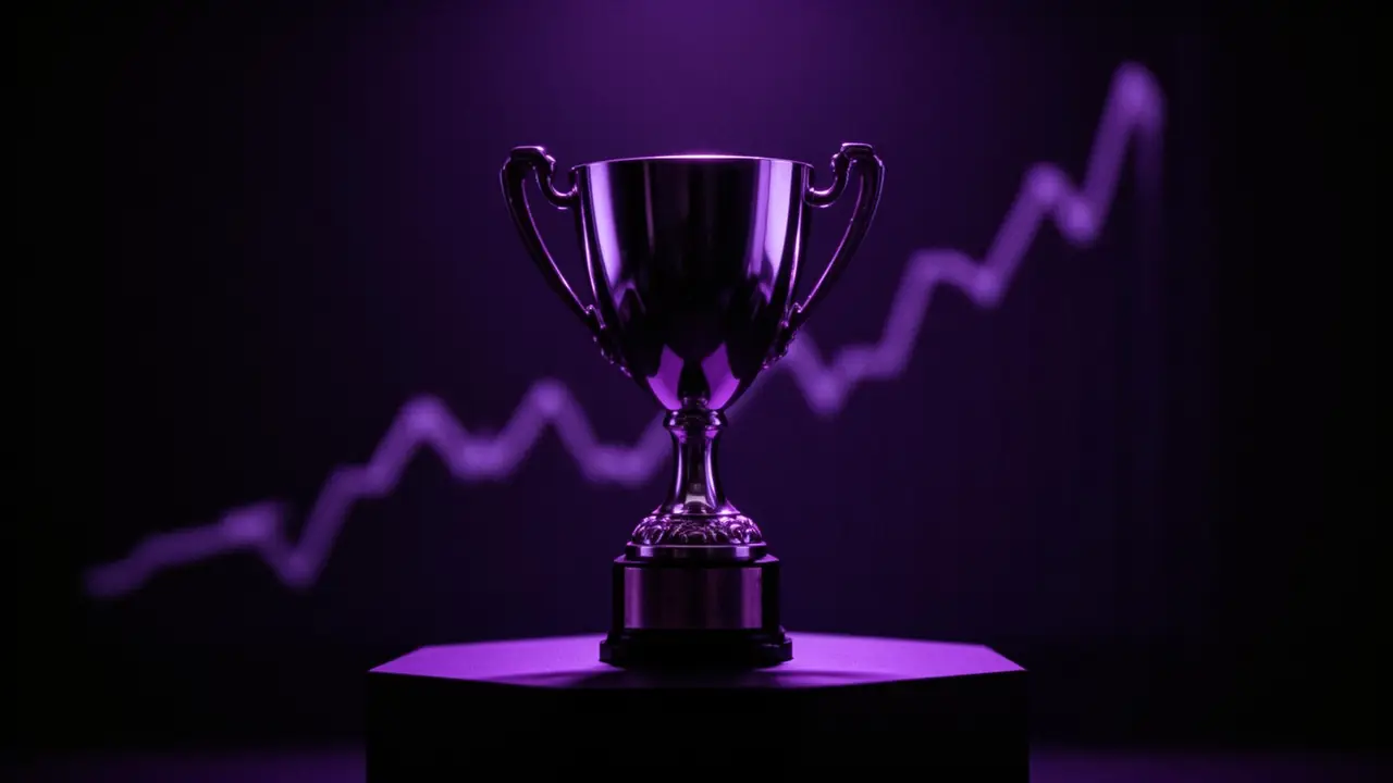 Troféu metálico em foco com brilho roxo e gráfico ascendente ao fundo