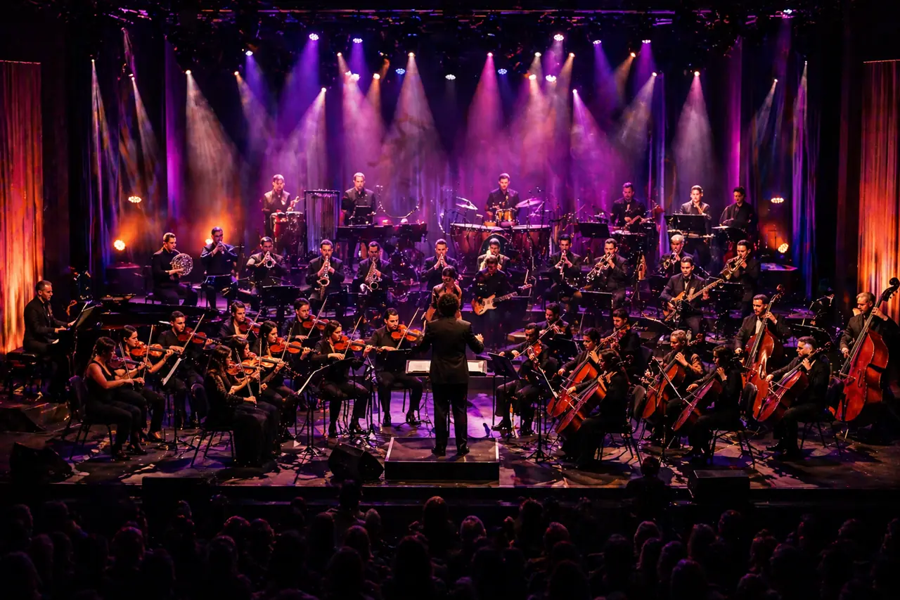 Orchestra performing under purple lights