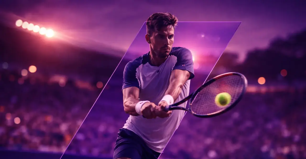 Tennis player executing a backhand with VIB3 bar overlaid under purple stadium light