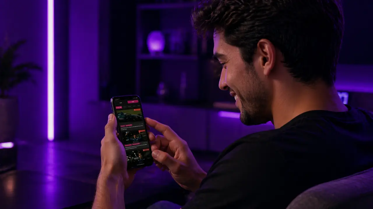 Fan vibing while opening the VIB3 app under purple light